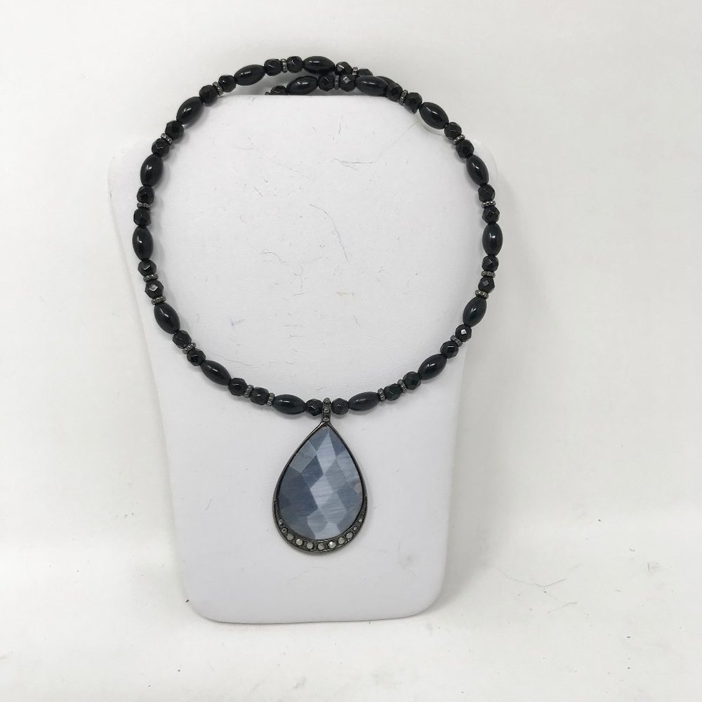 Monet Woman Necklace Choker Black Beads Blue Gray Pendent Marcasite Wired